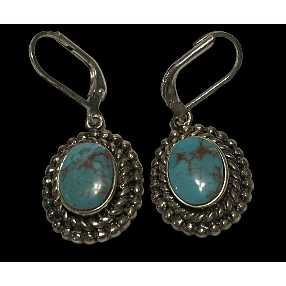 Vtg sterling silver Rope 925 CFJ Thai turquoise dangle earrings lever backs